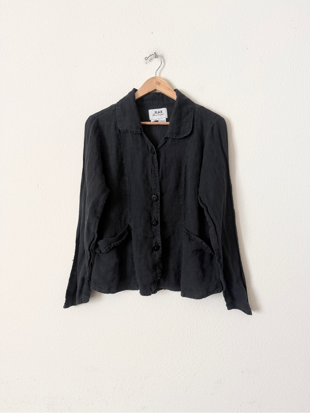 Flax SMALL 100% linen black long sleeve pocketed collared blouse